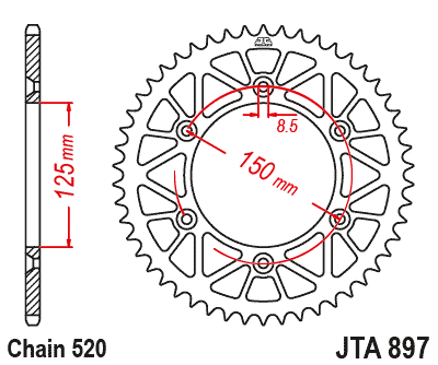 Rear ALU sprocket JT JTA 897-51RED 51T, 520 Crven